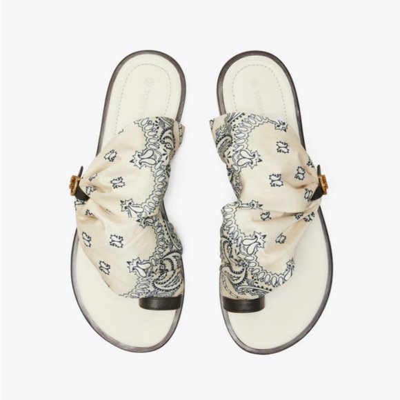 NEW Tory Burch Size 9 US Womens Selby Scarf Sandal Ivory Americana Bandana NWB - Picture 2 of 4
